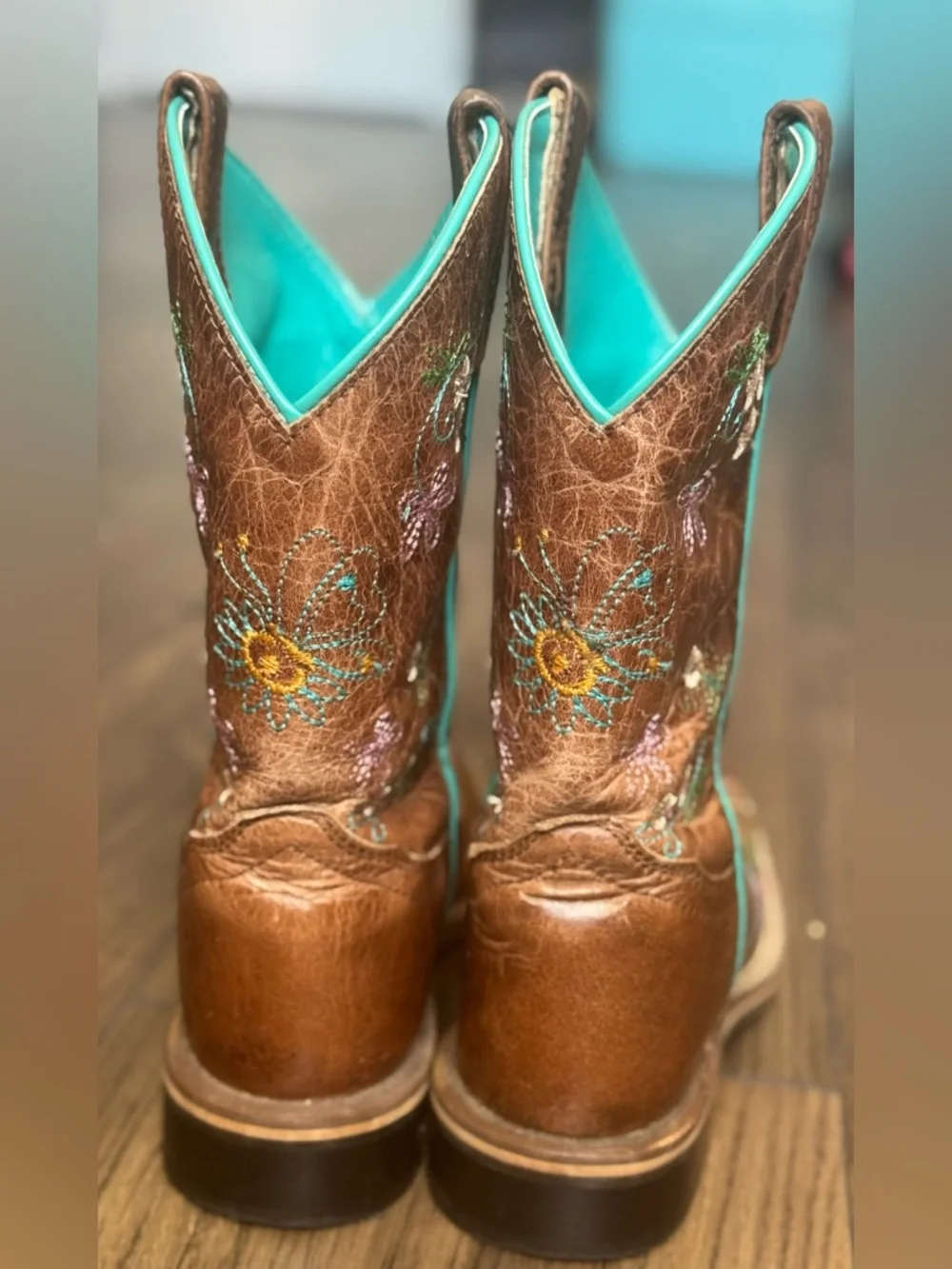 Smokey Mountain Girls Boots Brown/Turquoise Lining and Floral Embroidery Sz 13.5